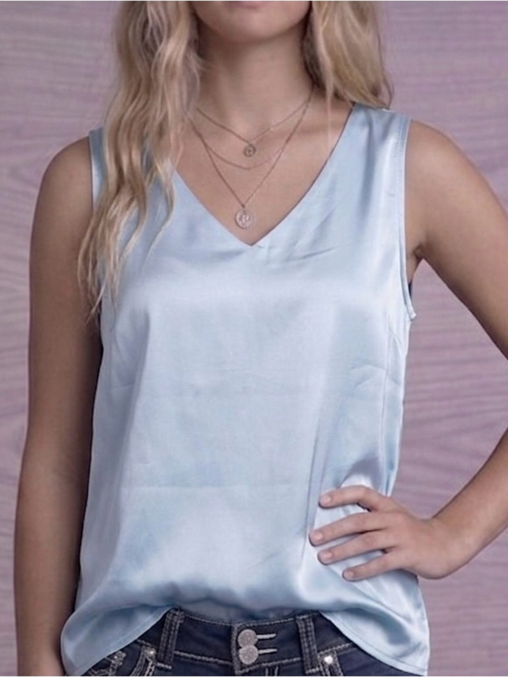 Sheer Light Blue Satin Tank Top Size L V-Neck Sleeveless Silky Flowy Blouse